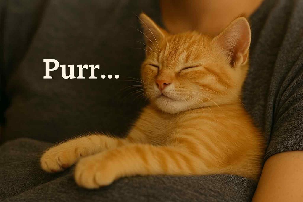 A kitten rests in the owner's arms and purrs