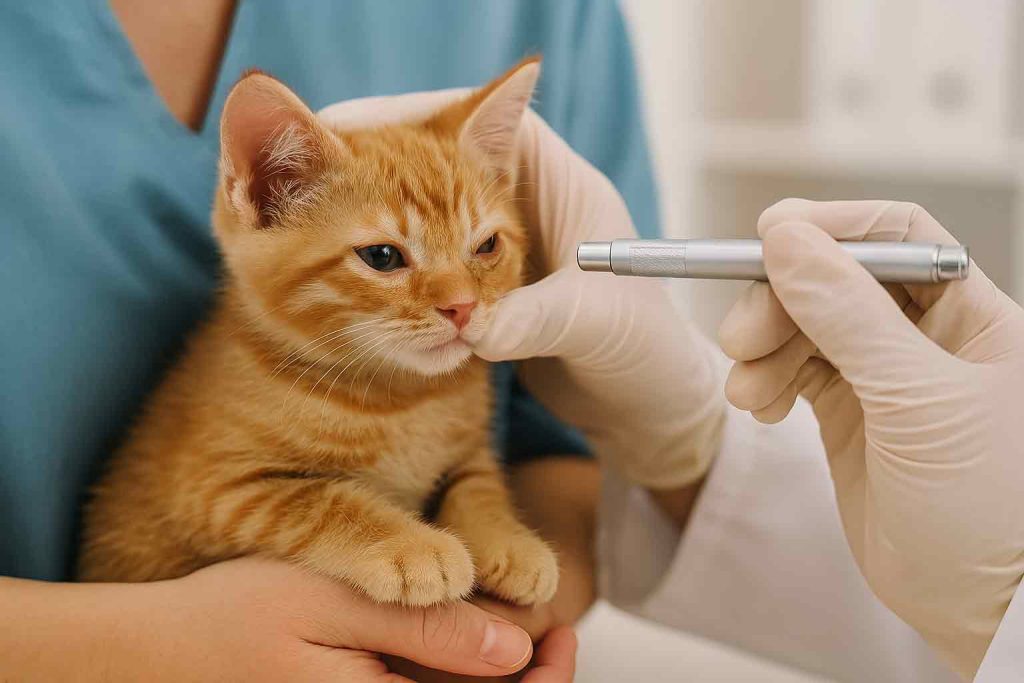 A kitten having his eyes examined at the veterinarian