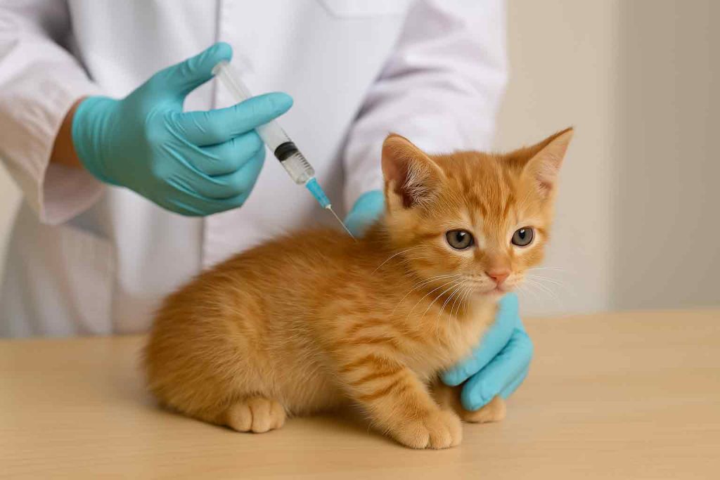 A kitten is getting vaccinated at the veterinarian