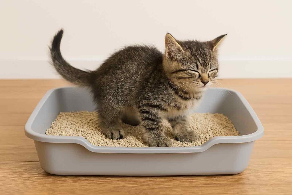 A kitten is pooping in the litter box