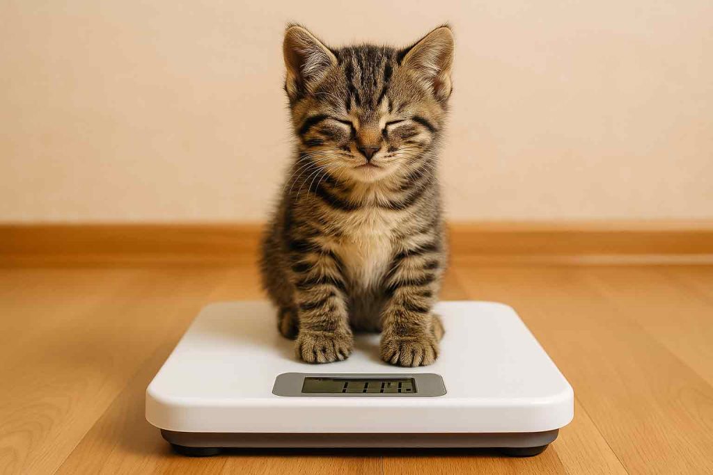 A kitten is weighing himself