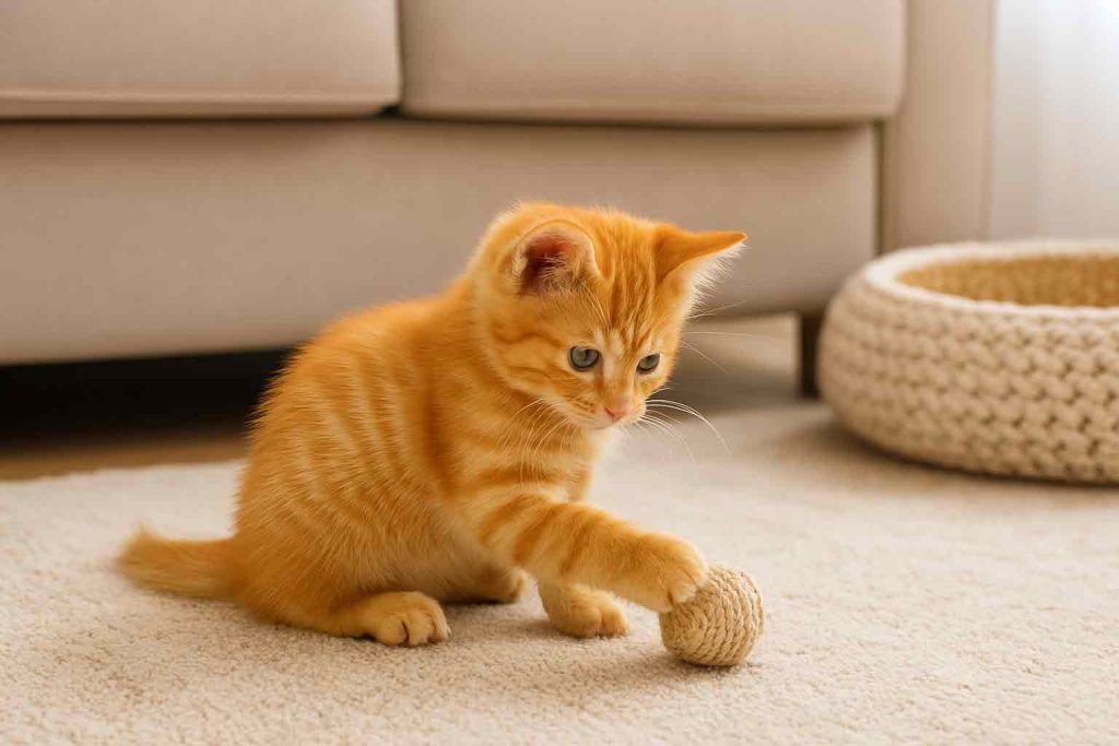 A kitten playing alone in a cozy environment