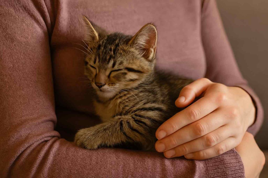 A kitten quietly nestles in the arms of its owner