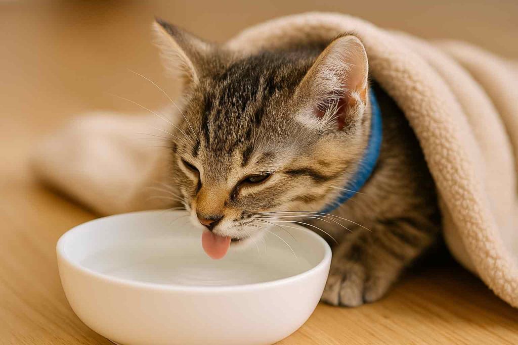 A neutered kitten is drinking water