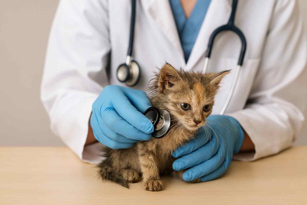 A veterinarian is examining a dirty stray kitten that he just found
