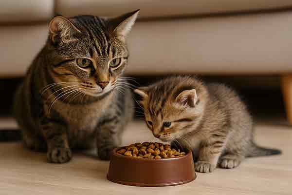 An adult cat watches a kitten eating its cat food