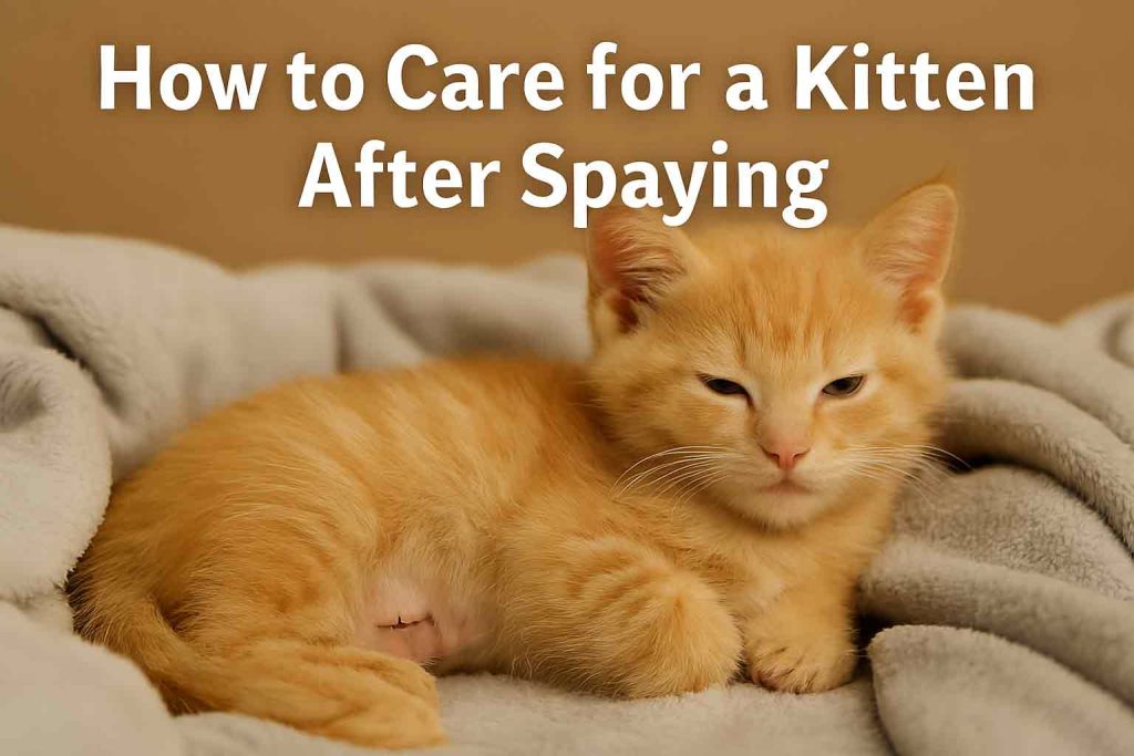 Kitten resting in soft blanket after sterilization surgery