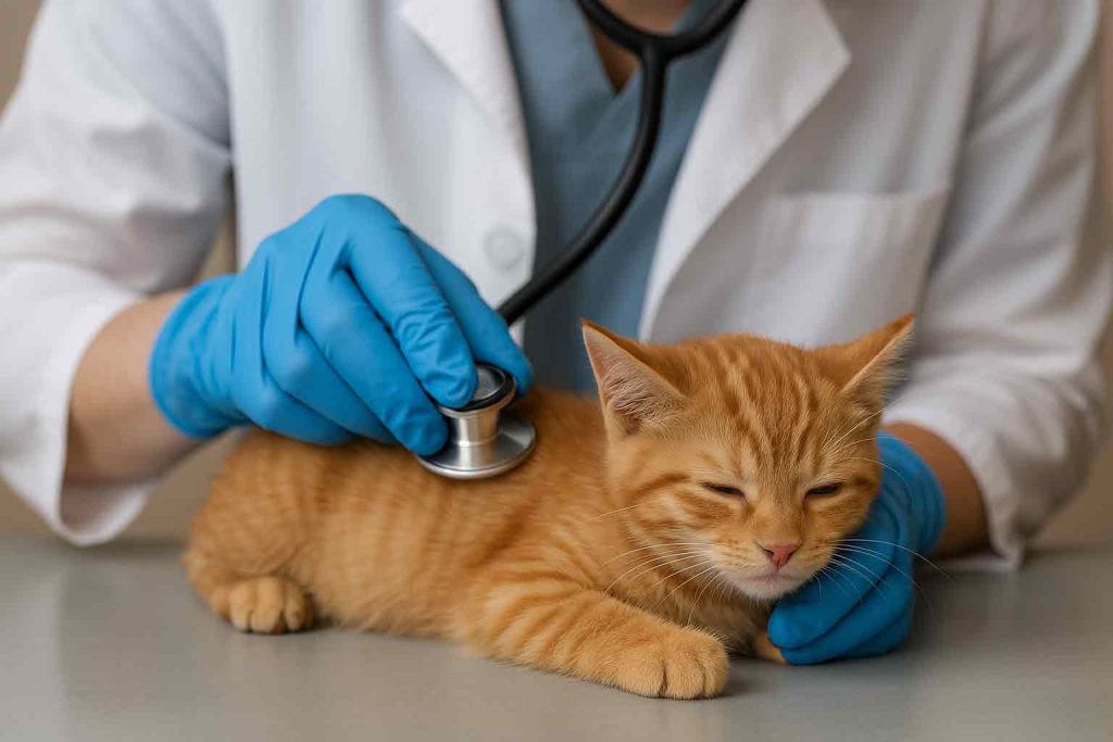 Veterinarian examining a kitten with fever