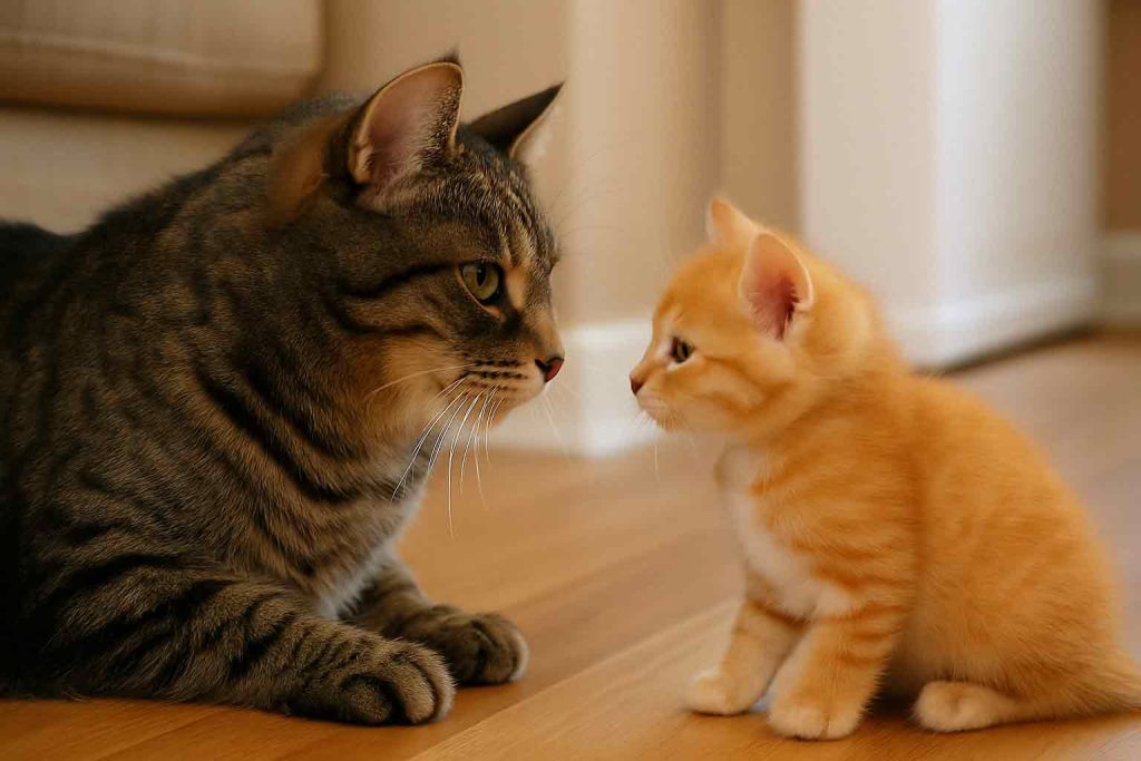 a kitten with an older cat