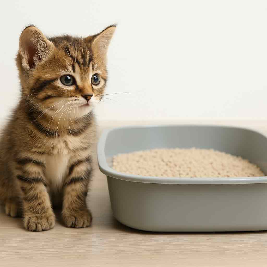 A kitten squats curiously next to a clean litter box