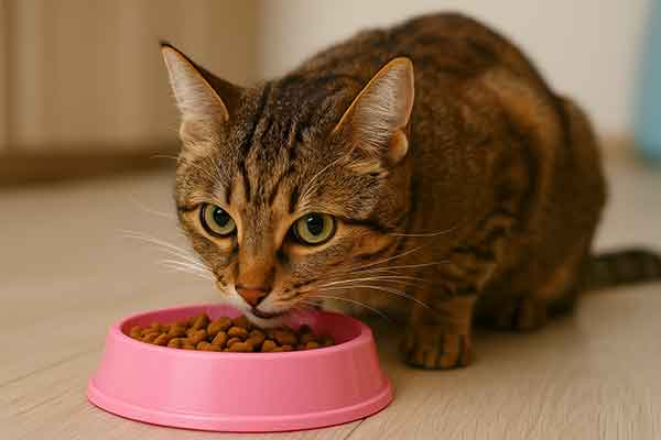 A lion is secretly eating the kitten's food