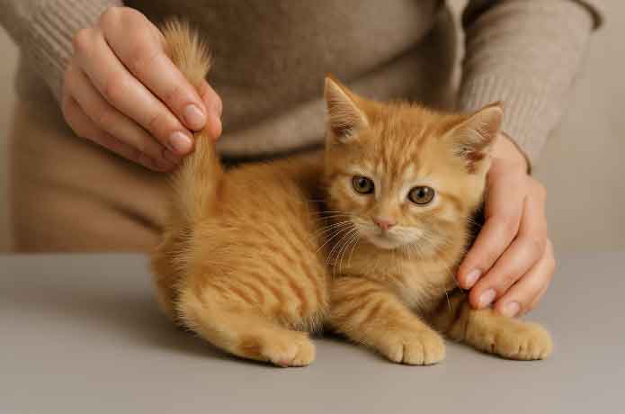 The owner gently flipped up the kitten's tail to confirm its gender