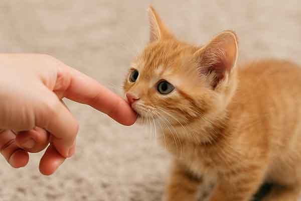 A kitten curiously sniffs its owner's finger