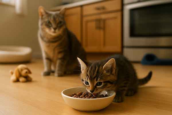 Kitten steals food from adult cat's bowl