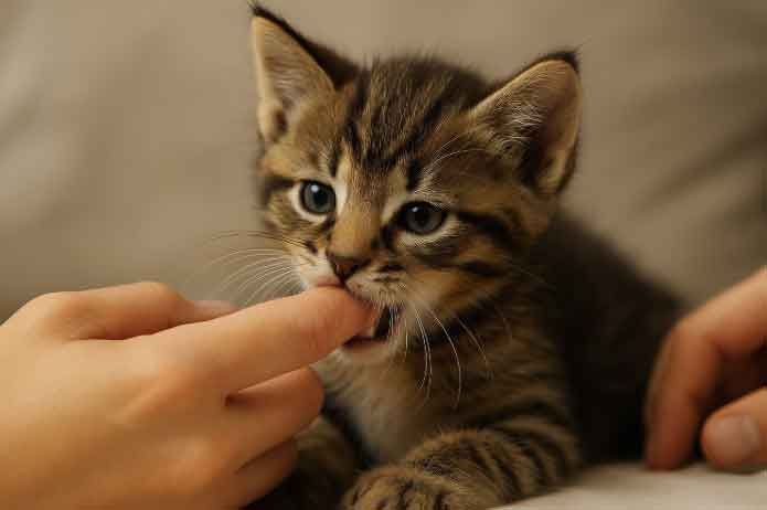 A kitten gently bites its owner's finger