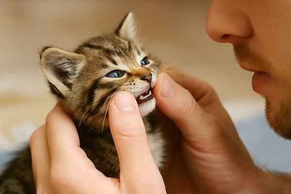 An owner gently examines a kitten's teeth or eyes to determine its age