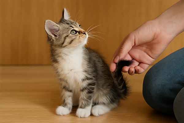 The owner gently flipped up the kitten's tail to check its gender