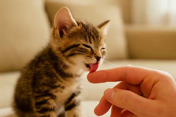 A kitten is licking the owner's hand