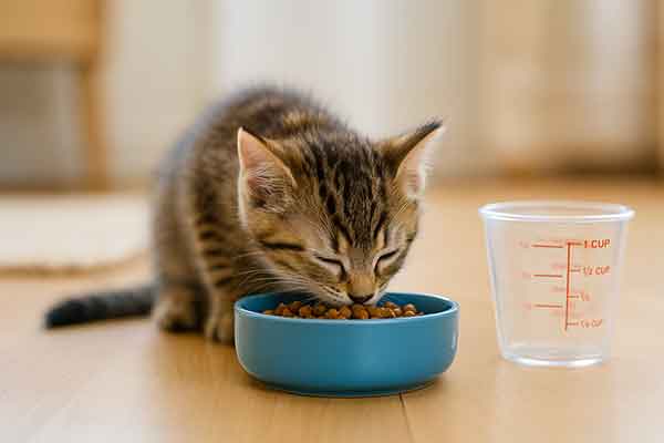 A 3 month old kitten is eating