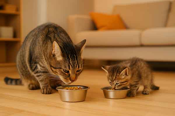 A cat secretly eats food from the bowl of the kitten next to it
