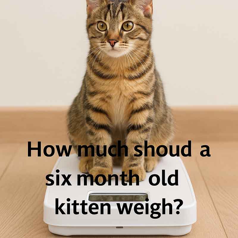 A healthy 6 month old kitten is on the scale