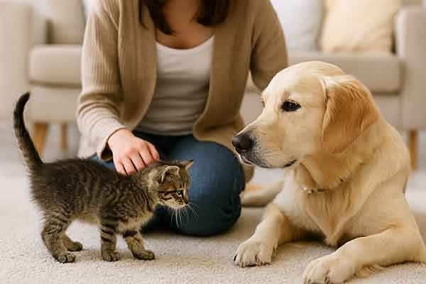 A kitten and a dog meet for the first time under the supervision of their owner