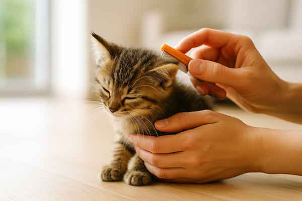 A kitten is being gently dewormed with a flea comb