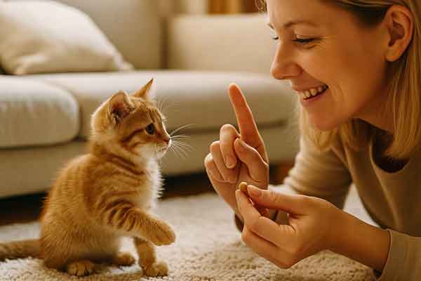 A kitten is being trained by its owner