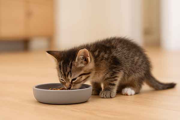 A kitten is concentrating on eating at the food bowl