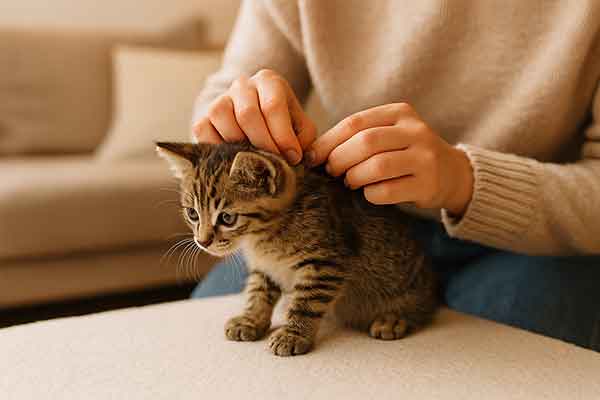 A kitten is gently checked for fleas by its owner