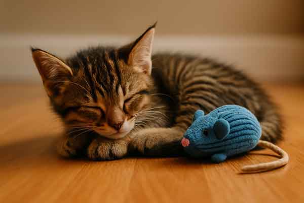 A kitten is tired from playing and is dozing off next to a toy