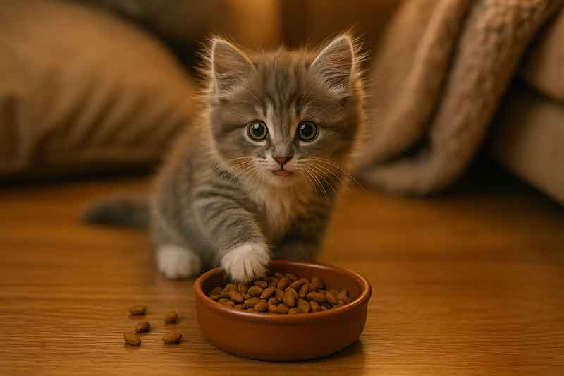 A kitten is trying to eat dry food