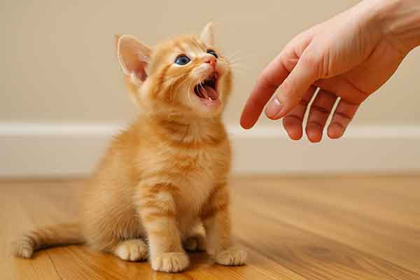 A kitten sits on the floor and meows to its owner