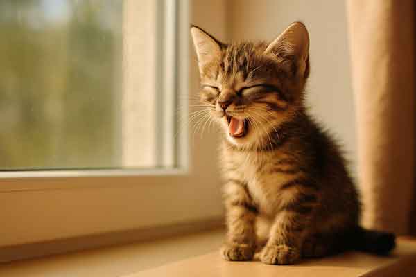 A kitten sitting by the window and sneezing