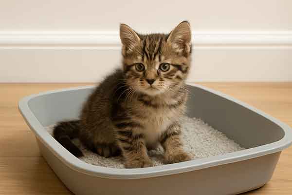 A kitten squats obediently in the litter box