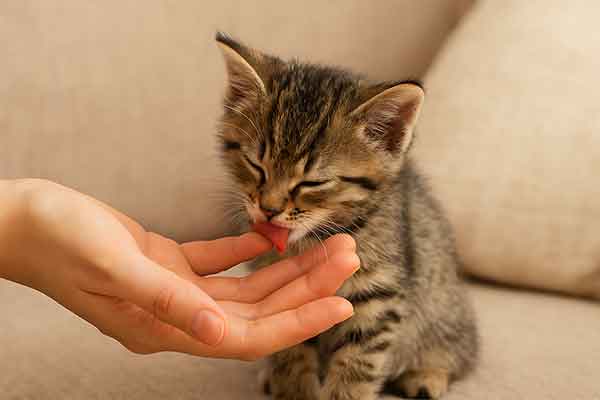 A kitten tenderly licks the hand of its owner