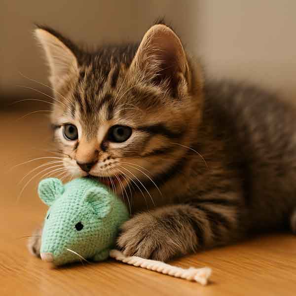 A kitten with newly grown teeth chews a toy