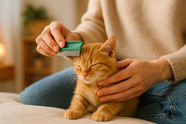 The owner is gently removing fleas from a kitten with a flea comb