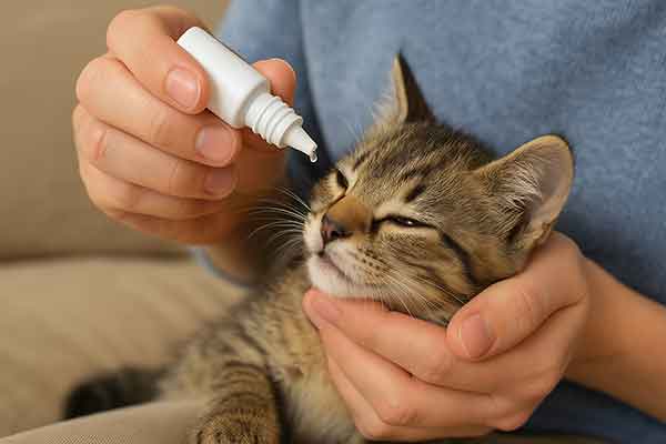 The owner treats a kitten with an eye infection