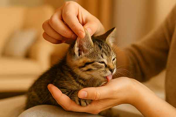 checking the kitten's ears for ear mites